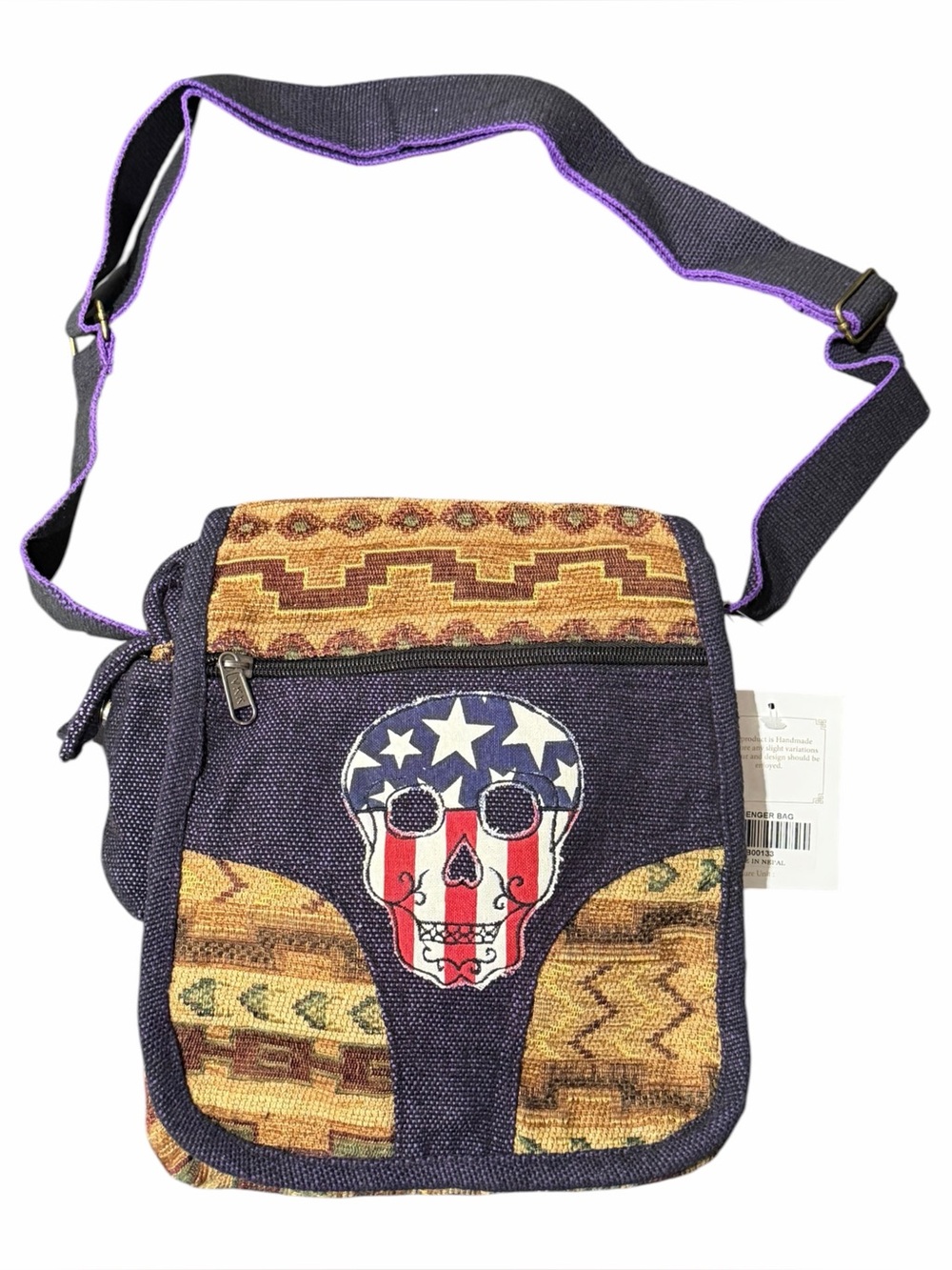 NWT American Flag Skull Boho Messenger Bag Handmade in Nepal New with Tag